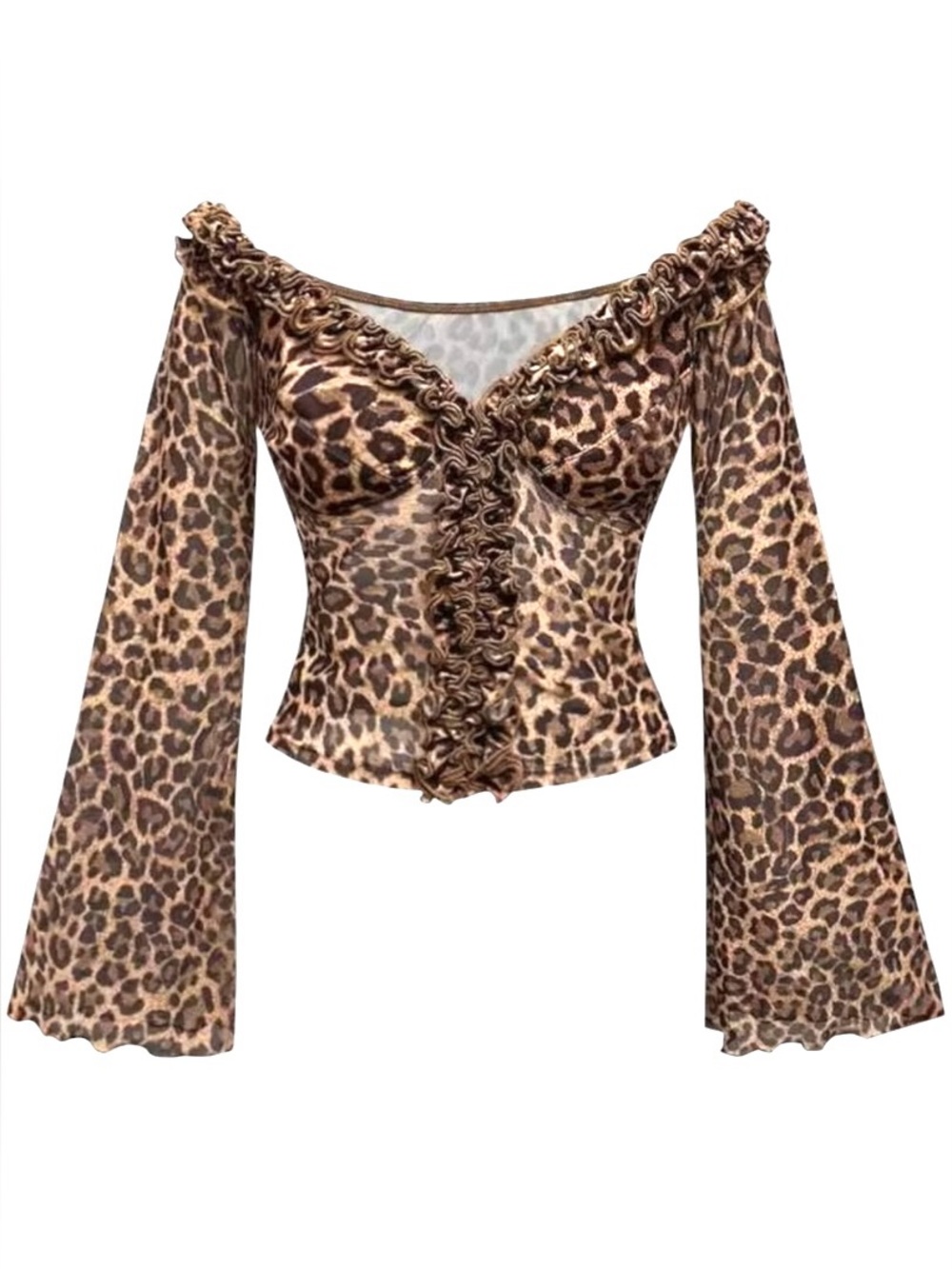 Y2K Leopard Mesh Top XS Off Shoulder Bell Sleeve Fairy Grunge Indie Sleaze - Picture 2 of 11
